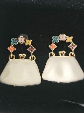 Mini Pierced Handbag Earrings Gold Tone Colorful Enamel Cute Trendy Statement